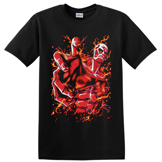 Colossal Titan Attack on Titan manga art with red lightning and fiery sparks on a Black T Shirt