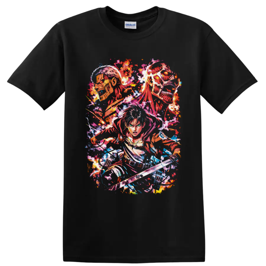 Eren Yeager with Armored and Colossal Titans in vivid splatter-paint anime art on a Black T Shirt