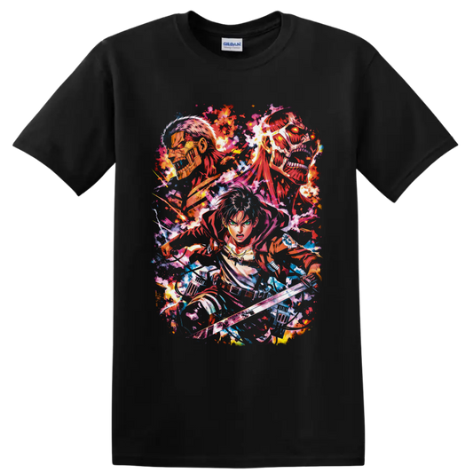 Eren Yeager with Armored and Colossal Titans in vivid splatter-paint anime art on a Black T Shirt