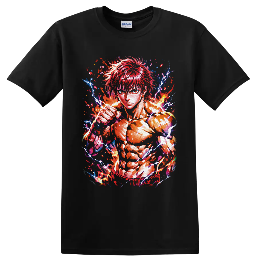 Baki Hanma anime fighter with raised fist, fire, and crackling lightning art on a Black T Shirt
