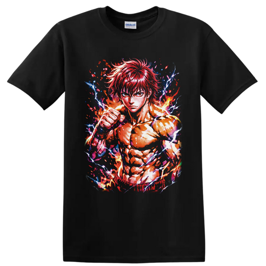 Baki Hanma anime fighter with raised fist, fire, and crackling lightning art on a Black T Shirt