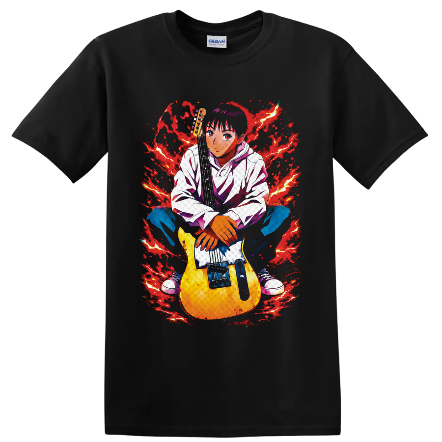 Yukio Tanaka Koyuki with electric guitar in red lightning anime rock art on a Black T Shirt