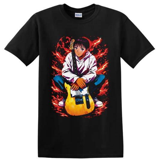 Yukio Tanaka Koyuki with electric guitar in red lightning anime rock art on a Black T Shirt
