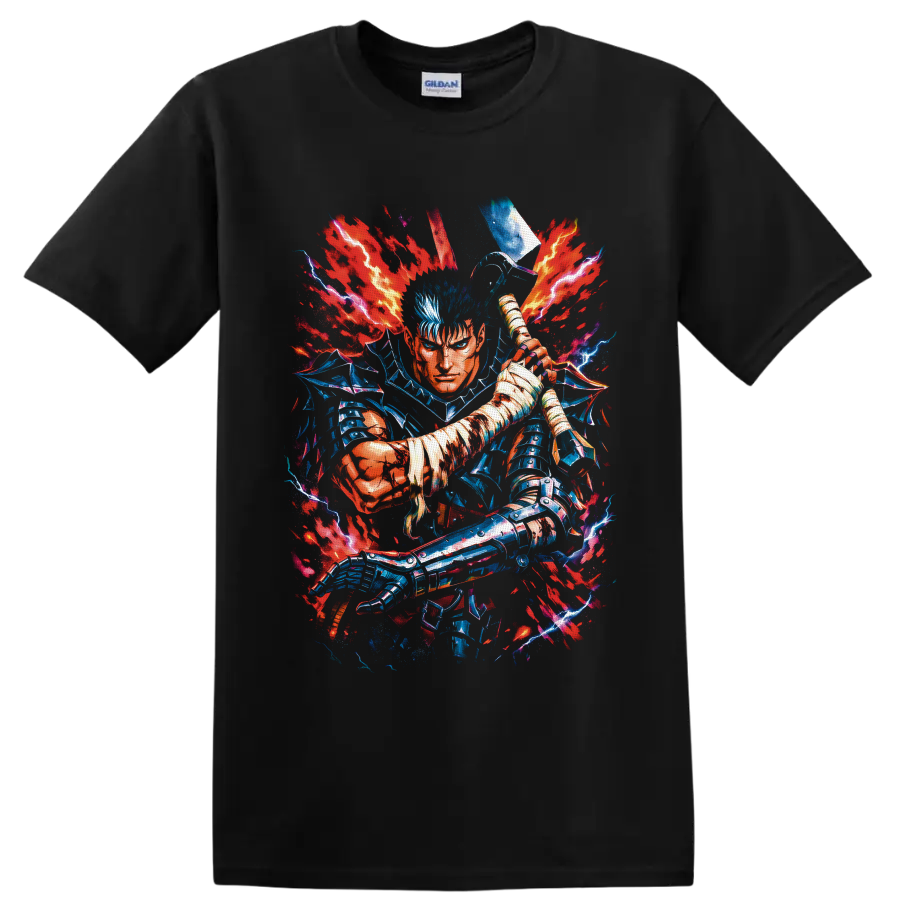 Guts Berserk Flame Dragon Knight swordfighter with red flames and blue lightning on a Black T Shirt