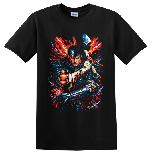 Guts Berserk Flame Dragon Knight swordfighter with red flames and blue lightning on a Black T Shirt