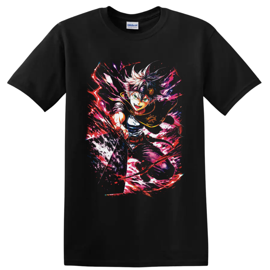 Asta Black Clover anti-magic battle anime art with neon paint splashes on a Black T Shirt
