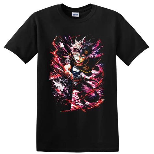 Asta Black Clover anti-magic battle anime art with neon paint splashes on a Black T Shirt