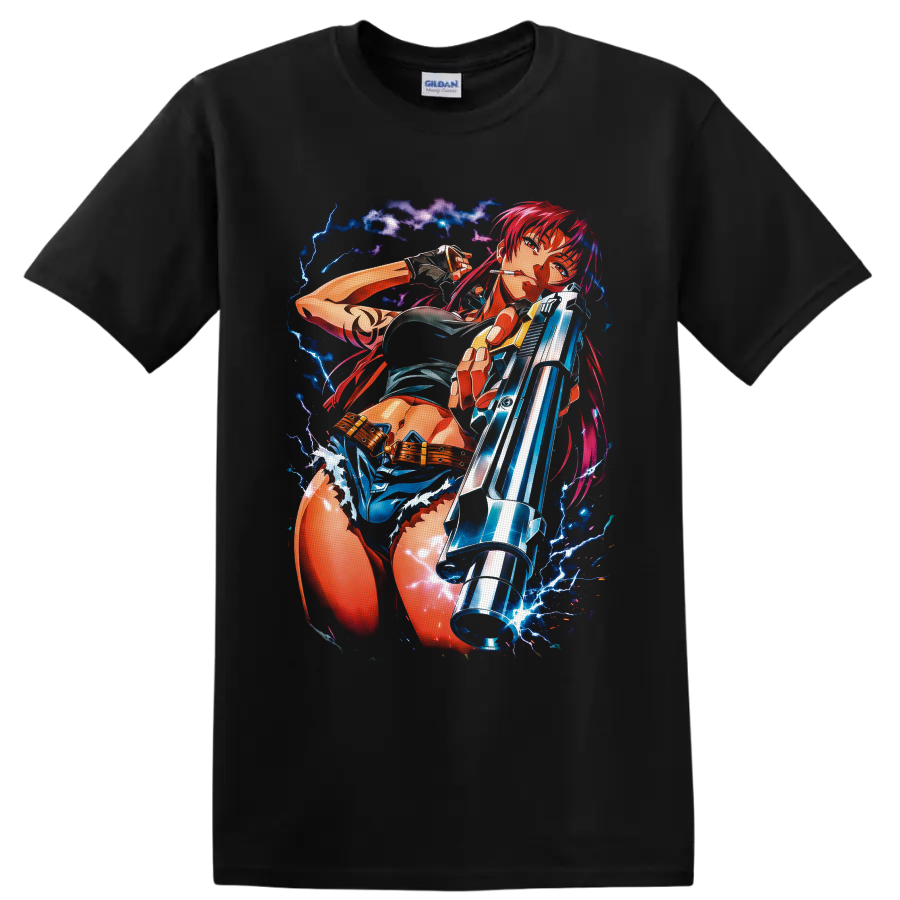 Revy from Black Lagoon in vivid anime gunfighter art with blue lightning on a Black T Shirt
