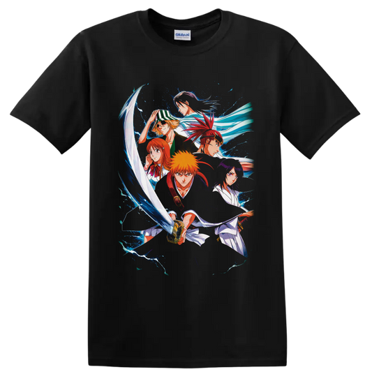 Bleach character group anime art with Ichigo Kurosaki, sword, and blue energy on a Black T Shirt