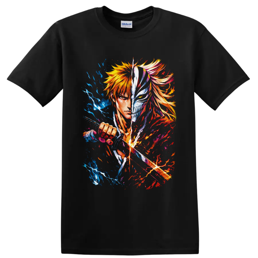 Ichigo Kurosaki split Hollow mask anime art with sword slash and blue fiery energy on a Black T Shirt