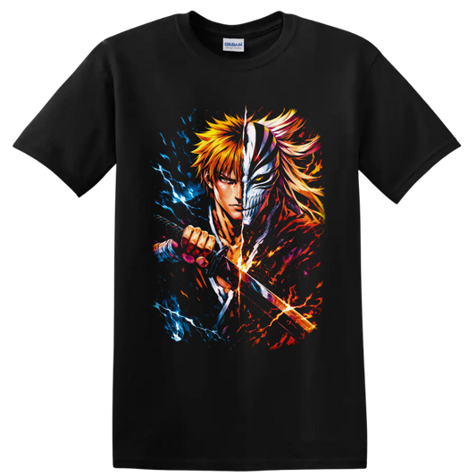 Ichigo Kurosaki split Hollow mask anime art with sword slash and blue fiery energy on a Black T Shirt