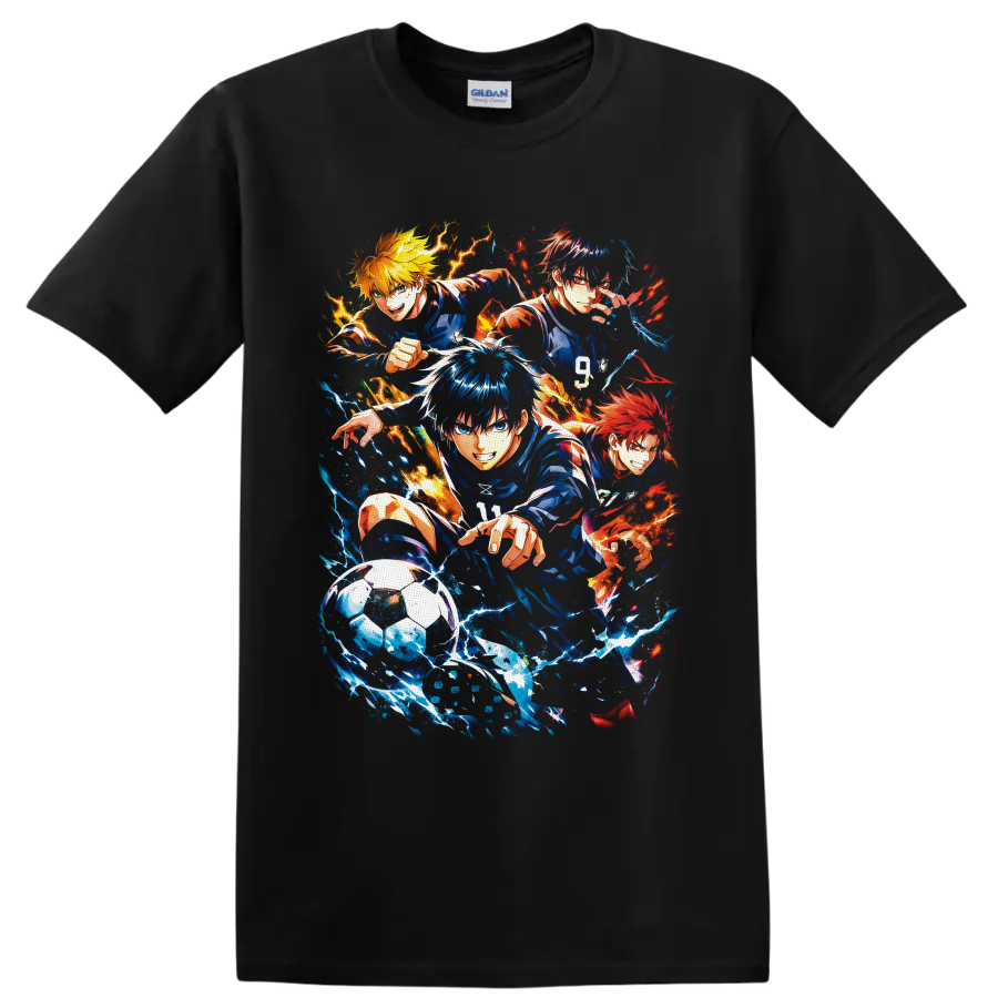 Satoru Gojo and Blue Lock anime soccer players in explosive blue and orange splatter art on a Black T Shirt