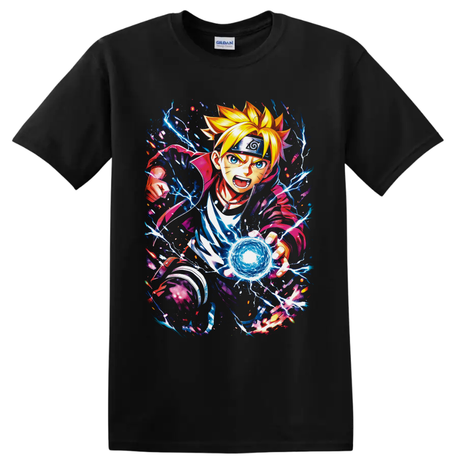 Boruto Uzumaki anime art charging a blue lightning energy orb on a Black T Shirt