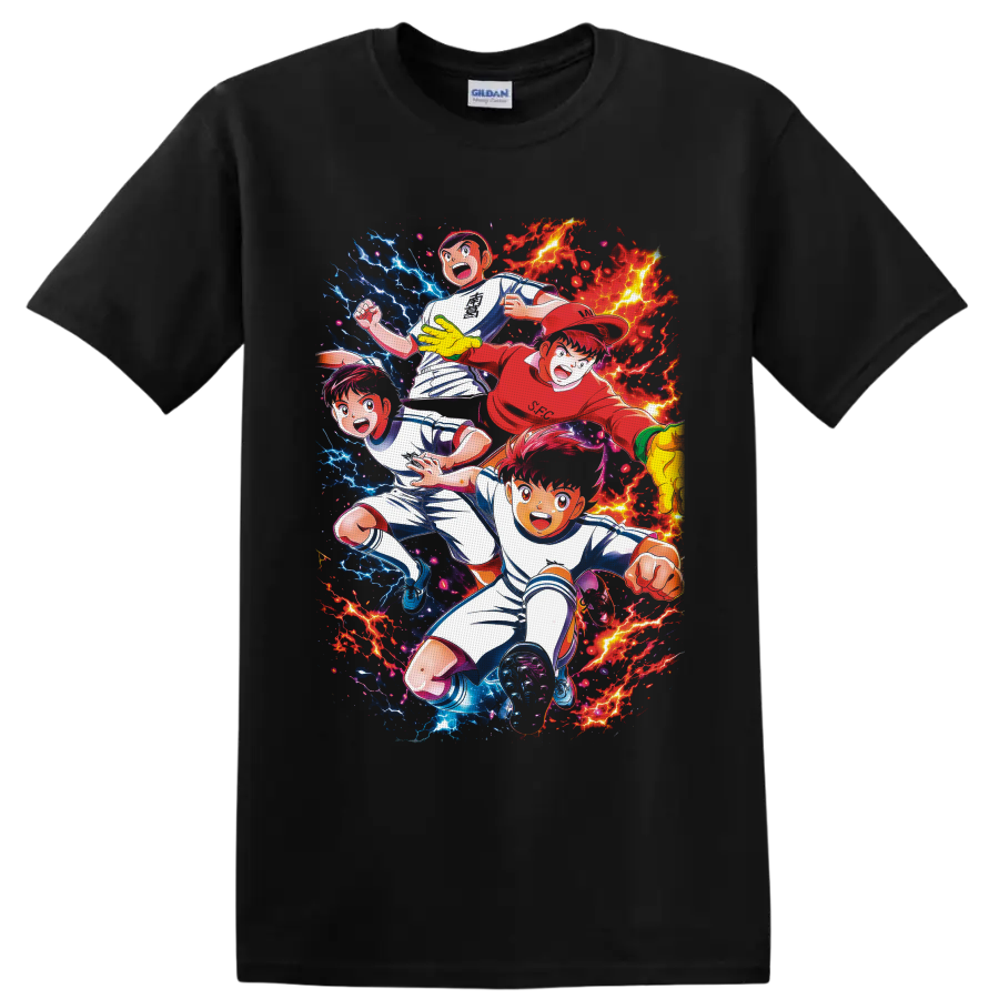 Captain Tsubasa soccer anime players with red flames and blue lightning on a Black T Shirt