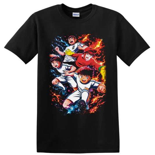 Captain Tsubasa soccer anime players with red flames and blue lightning on a Black T Shirt