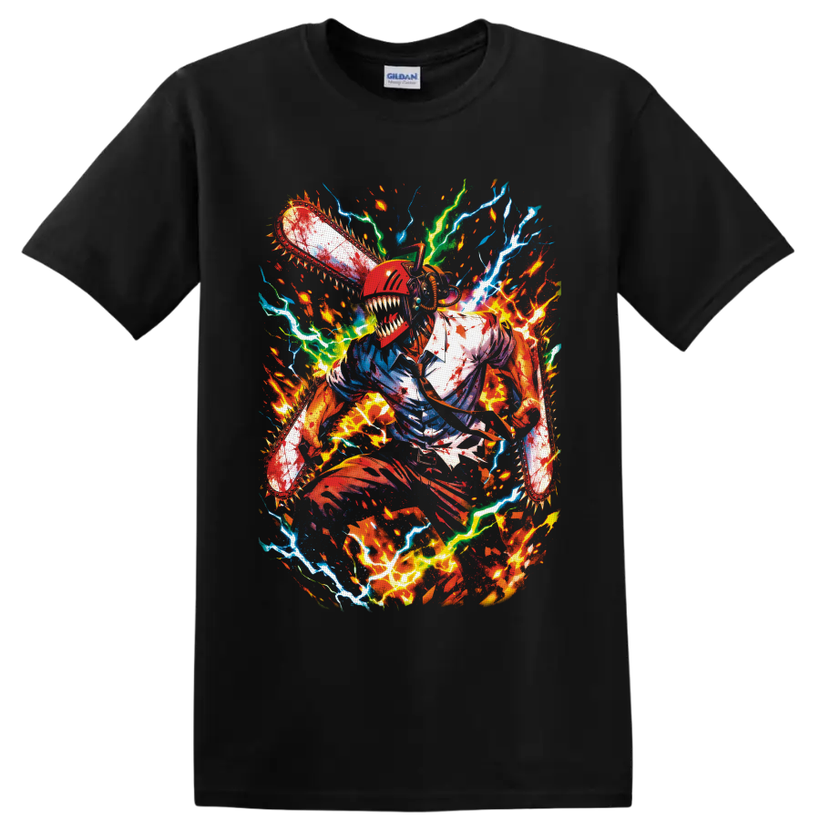 Denji Chainsaw Man chainsaw transformation with fiery splatter and electric anime art on a Black T Shirt
