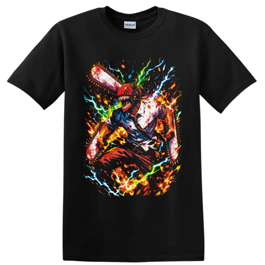Denji Chainsaw Man chainsaw transformation with fiery splatter and electric anime art on a Black T Shirt