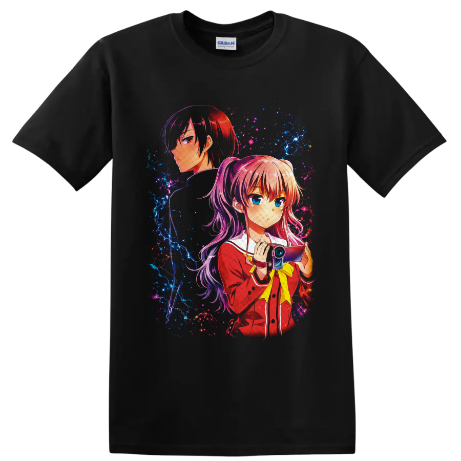 Nao Tomori and Yuu Otosaka anime art with camera and electric cosmic effects on a Black T Shirt