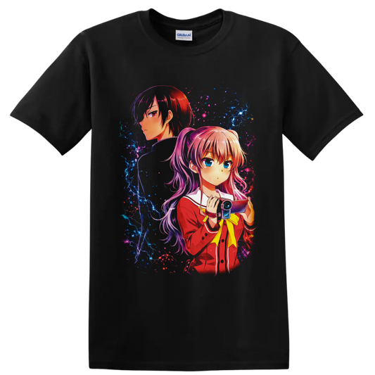 Nao Tomori and Yuu Otosaka anime art with camera and electric cosmic effects on a Black T Shirt