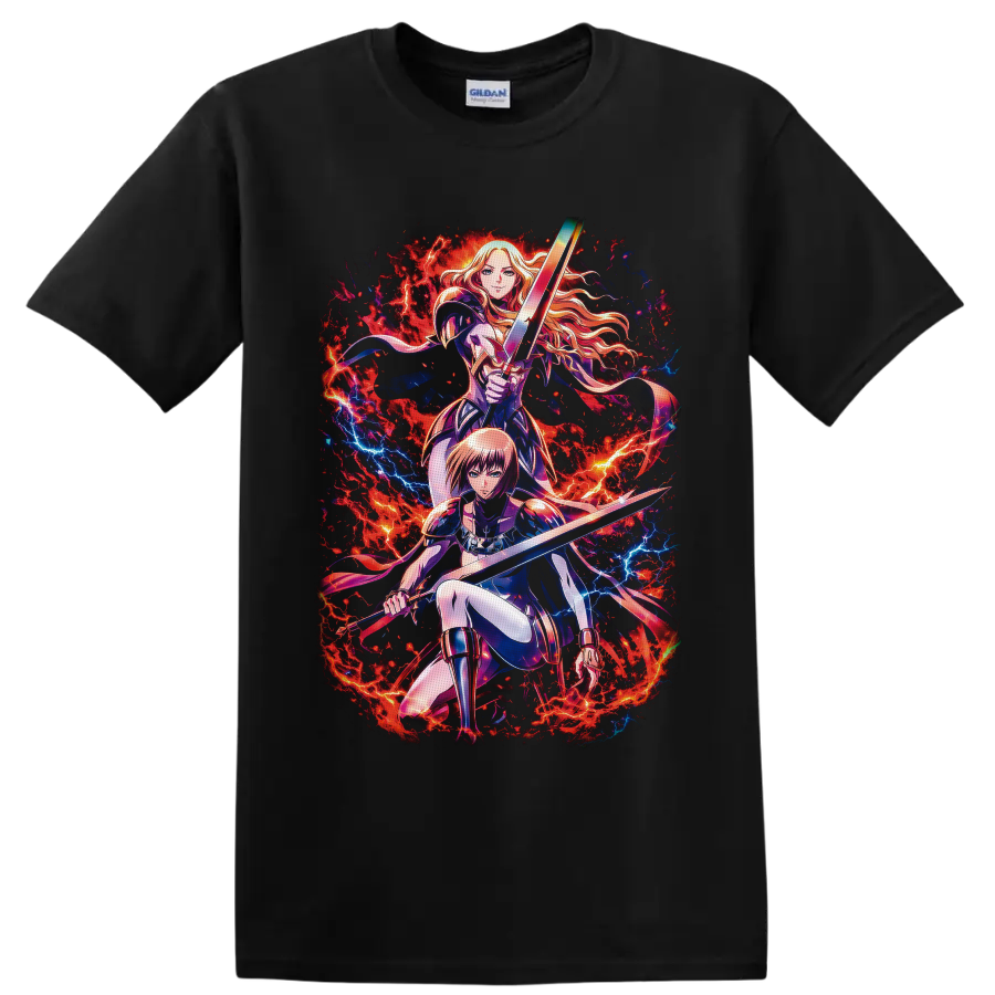 Clarice and Miata sword warrior anime art with fiery lightning battle effects on a Black T Shirt
