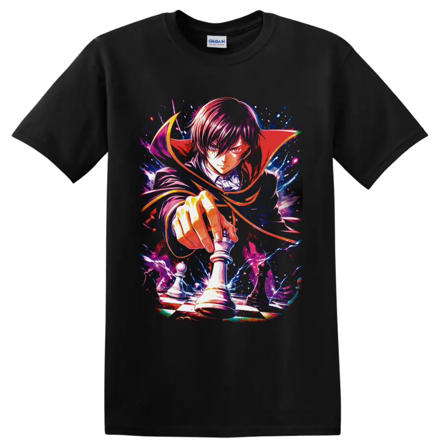 Lelouch Lamperouge chess king anime art with crimson cape and electric checkerboard on a Black T Shirt
