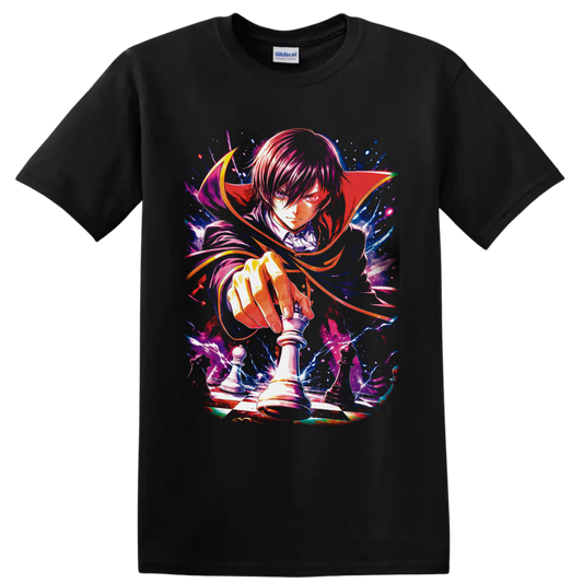 Lelouch Lamperouge chess king anime art with crimson cape and electric checkerboard on a Black T Shirt