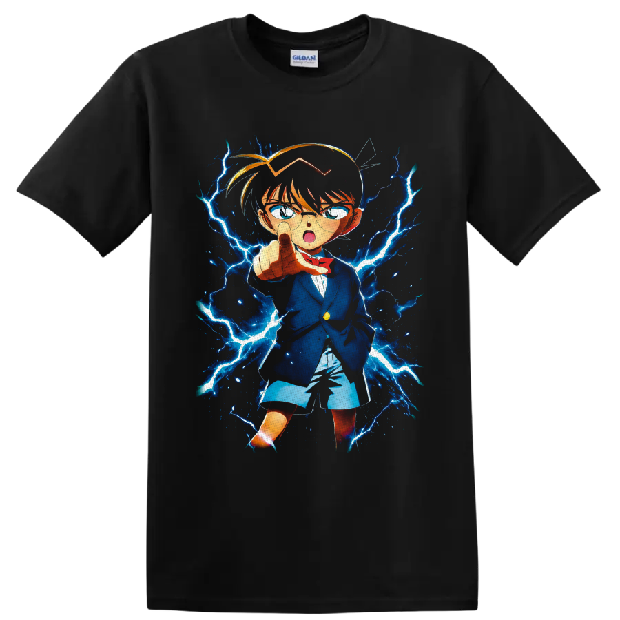 Conan Edogawa anime detective pointing amid electric-blue lightning on a Black T Shirt