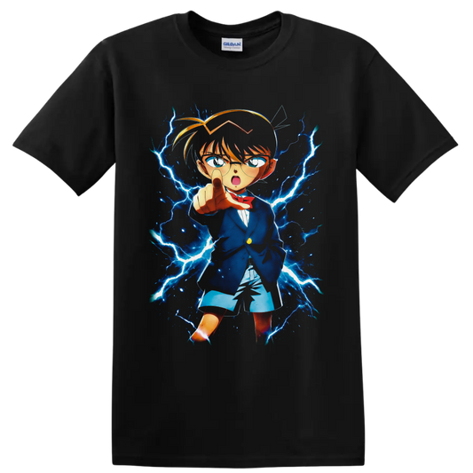 Conan Edogawa anime detective pointing amid electric-blue lightning on a Black T Shirt