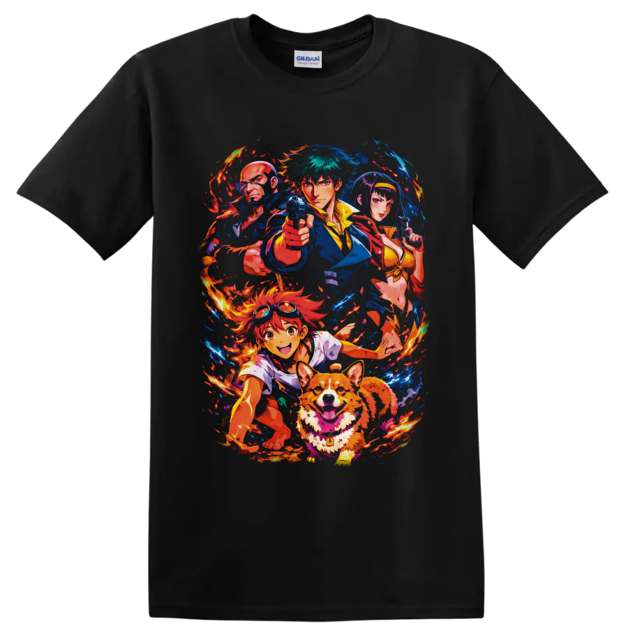 Cowboy Bebop crew anime art with Spike, Jet, Faye, Edward, Ein, flames and blue energy on a Black T Shirt