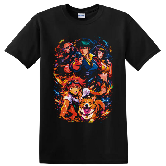 Cowboy Bebop crew anime art with Spike, Jet, Faye, Edward, Ein, flames and blue energy on a Black T Shirt