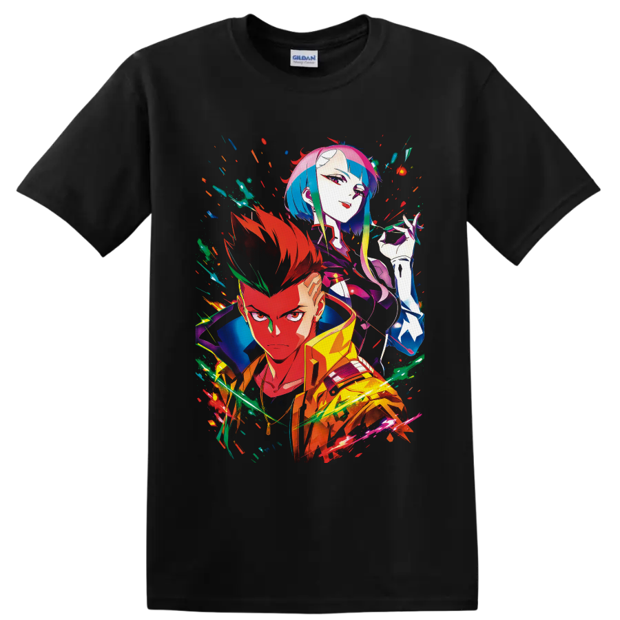 David Martinez and Lucy Kushinada in vivid neon cyberpunk anime character art on a Black T Shirt