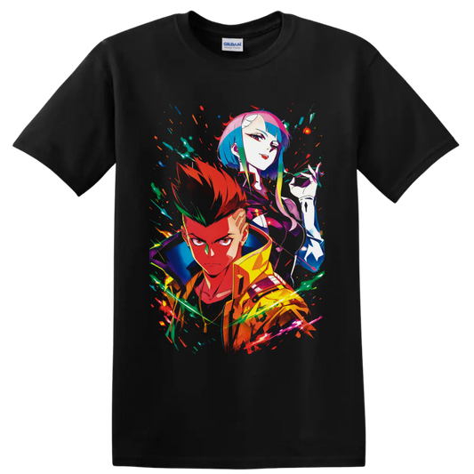 David Martinez and Lucy Kushinada in vivid neon cyberpunk anime character art on a Black T Shirt
