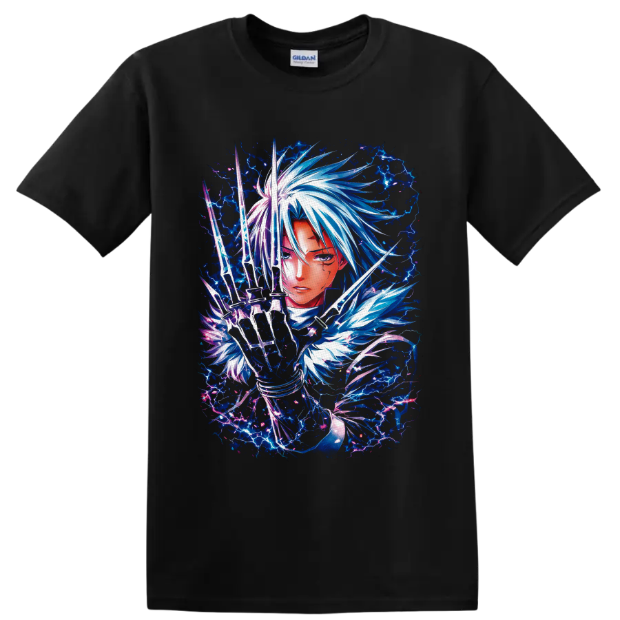 Allen Walker D.Gray-man anime art with glowing blades and electric blue lightning on a Black T Shirt