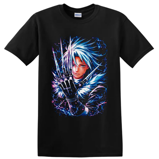 Allen Walker D.Gray-man anime art with glowing blades and electric blue lightning on a Black T Shirt