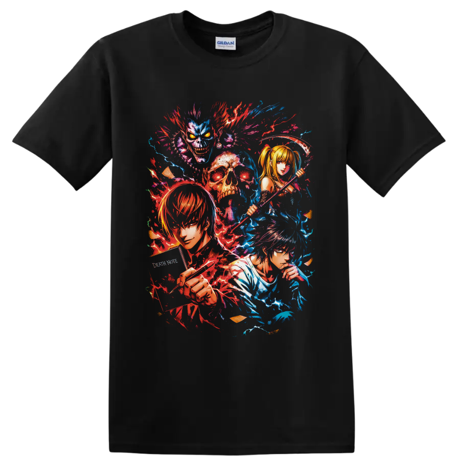 Death Note character collage with Light, L, Misa, Ryuk, skull, scythe, and splatter art on a Black T Shirt
