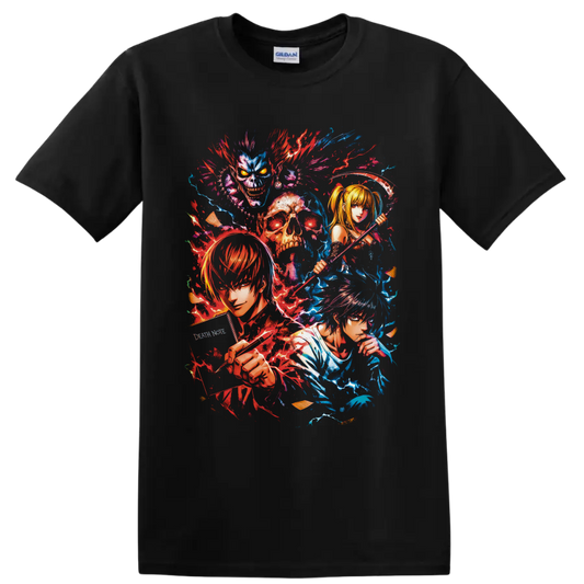 Death Note character collage with Light, L, Misa, Ryuk, skull, scythe, and splatter art on a Black T Shirt