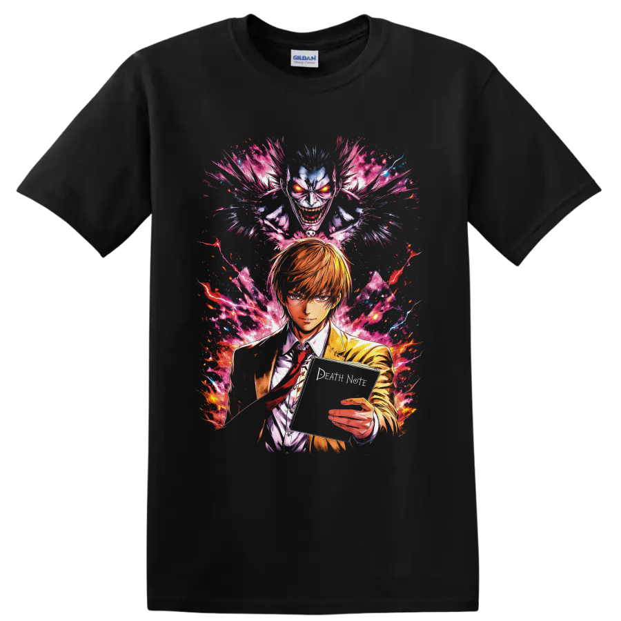 Light Yagami and Ryuk in neon manga art with a notebook and electric energy on a Black T Shirt