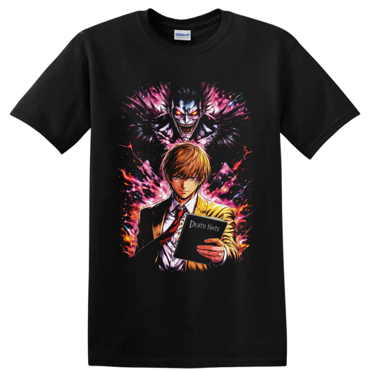 Light Yagami and Ryuk in neon manga art with a notebook and electric energy on a Black T Shirt