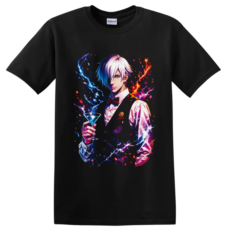 Decim Death Parade bartender holding a blue cocktail amid neon red and blue lightning on a Black T Shirt