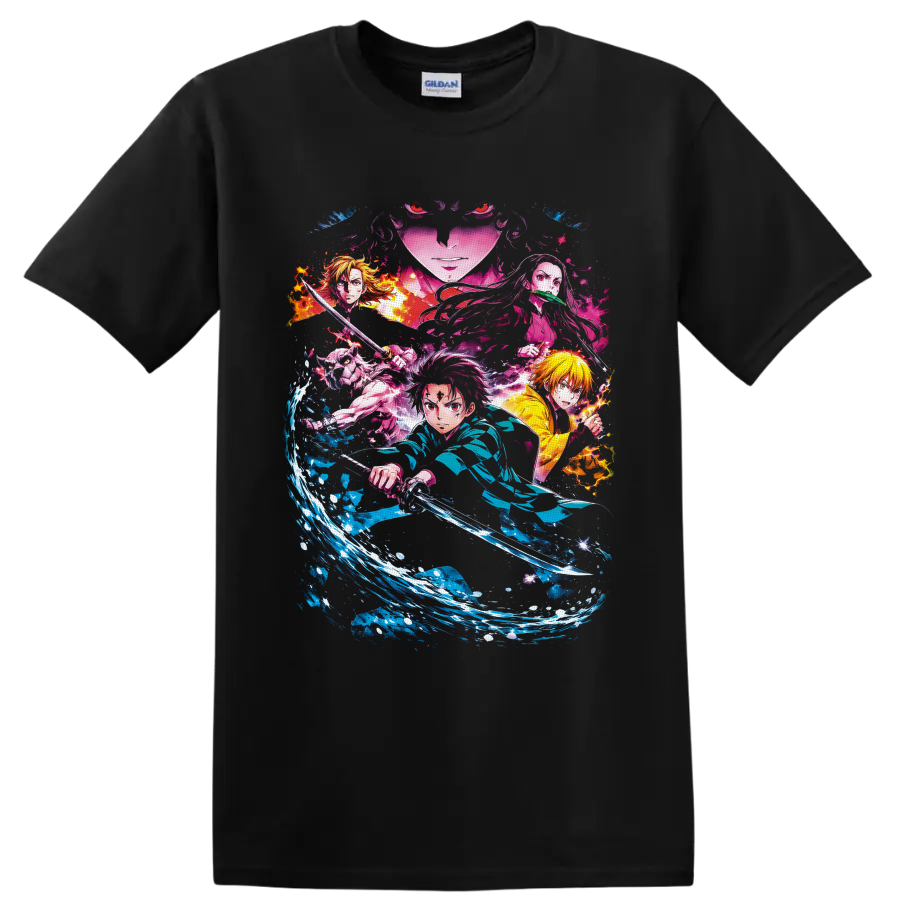 Demon Slayer collage with Tanjiro, Zenitsu, Inosuke, Nezuko, water and flame effects on a Black T Shirt