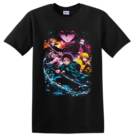 Demon Slayer collage with Tanjiro, Zenitsu, Inosuke, Nezuko, water and flame effects on a Black T Shirt