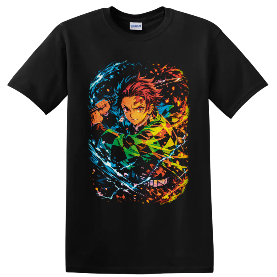 Tanjiro Kamado anime sword art with swirling blue water and red fire effects on a Black T Shirt