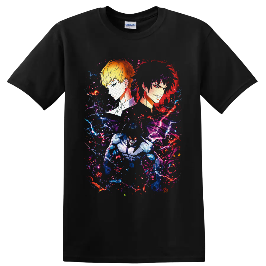 Ryo Asuka, Akira Fudo, and Devilman in neon lightning anime art on a Black T Shirt