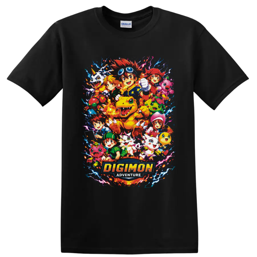 Digimon Adventure Agumon and DigiDestined anime collage with lightning and logo on a Black T Shirt