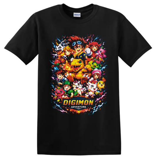 Digimon Adventure Agumon and DigiDestined anime collage with lightning and logo on a Black T Shirt