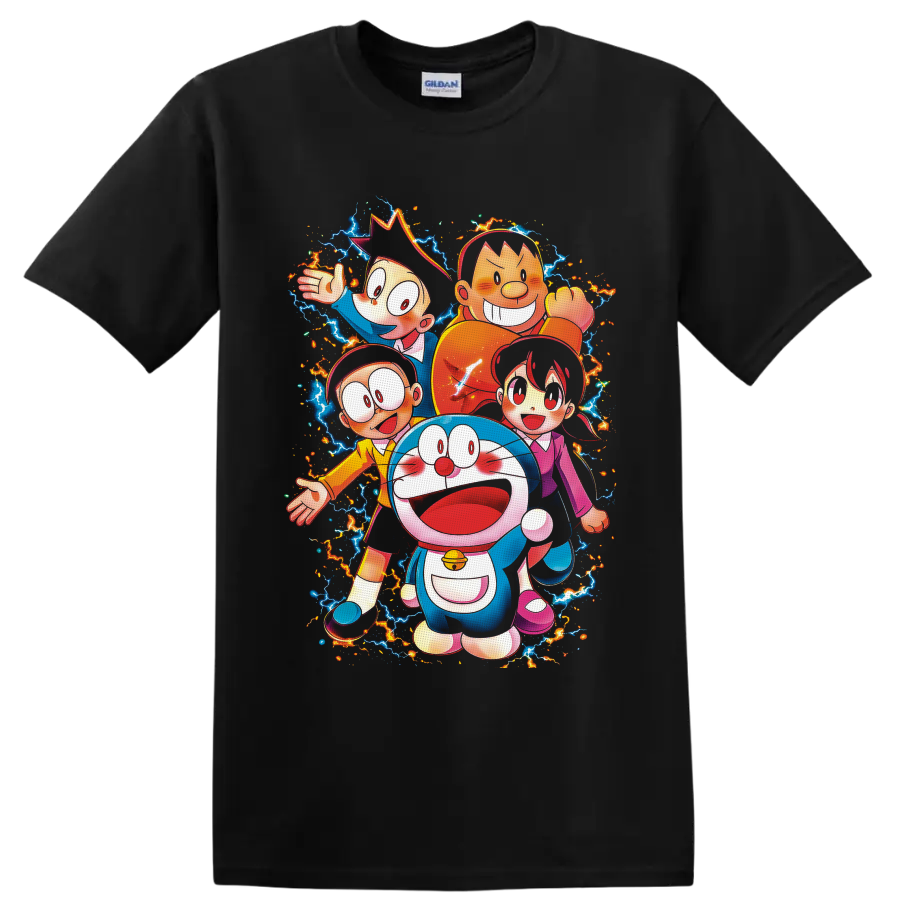 Doraemon and friends in vivid anime art with electric lightning and fiery sparks on a Black T Shirt