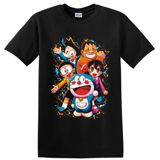 Doraemon and friends in vivid anime art with electric lightning and fiery sparks on a Black T Shirt