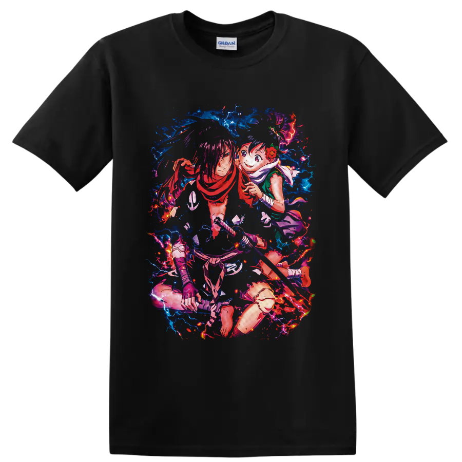 Gabimaru and Yui anime sword art with blue lightning and fiery red energy on a Black T Shirt