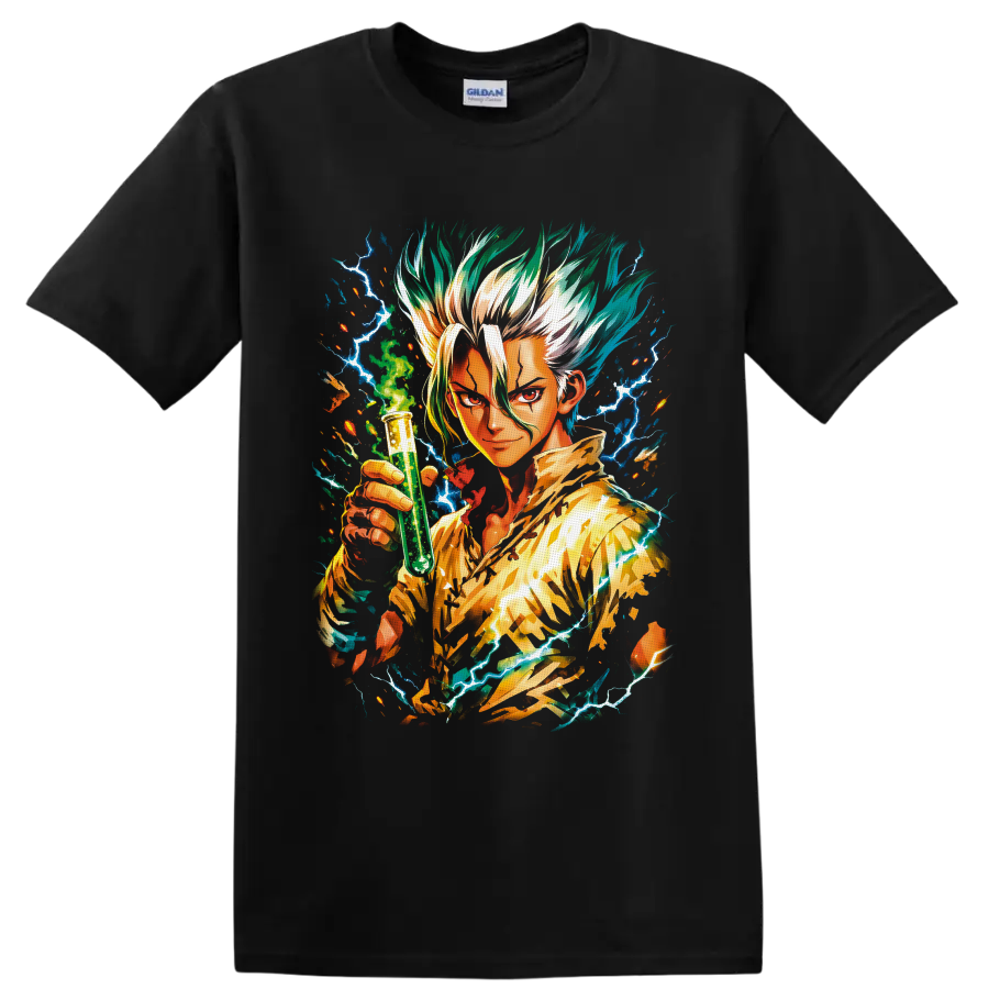 Senku Ishigami anime art holding a green test tube amid blue lightning on a Black T Shirt