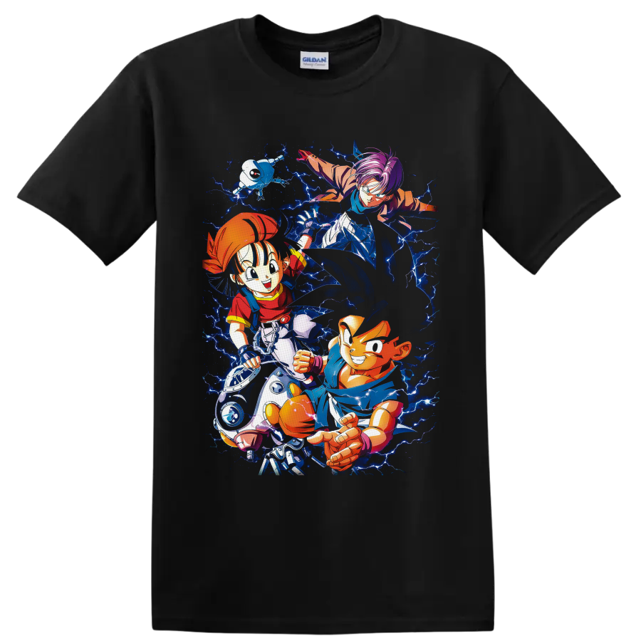 Goku, Pan and Trunks Dragon Ball GT anime art with electric blue lightning on a Black T Shirt